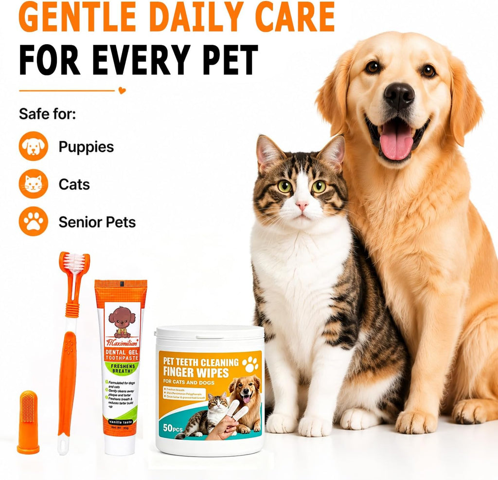 Dog Tooth Brushing Kit for Teeth Cleaning – Beef Toothpaste, Brush & 50 Finger Wipes