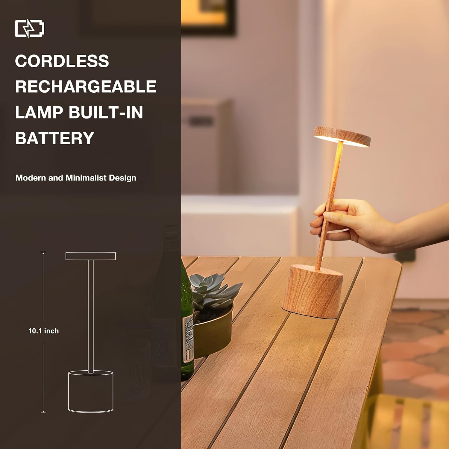 Kakanuo Wooden Rechargeable Cordless Lamp - Touch Control, 3 Color Temperature, LED Outdoor Wireless Lamp, Battery Operated Lamps, Stepless Dimmable, Set of 2