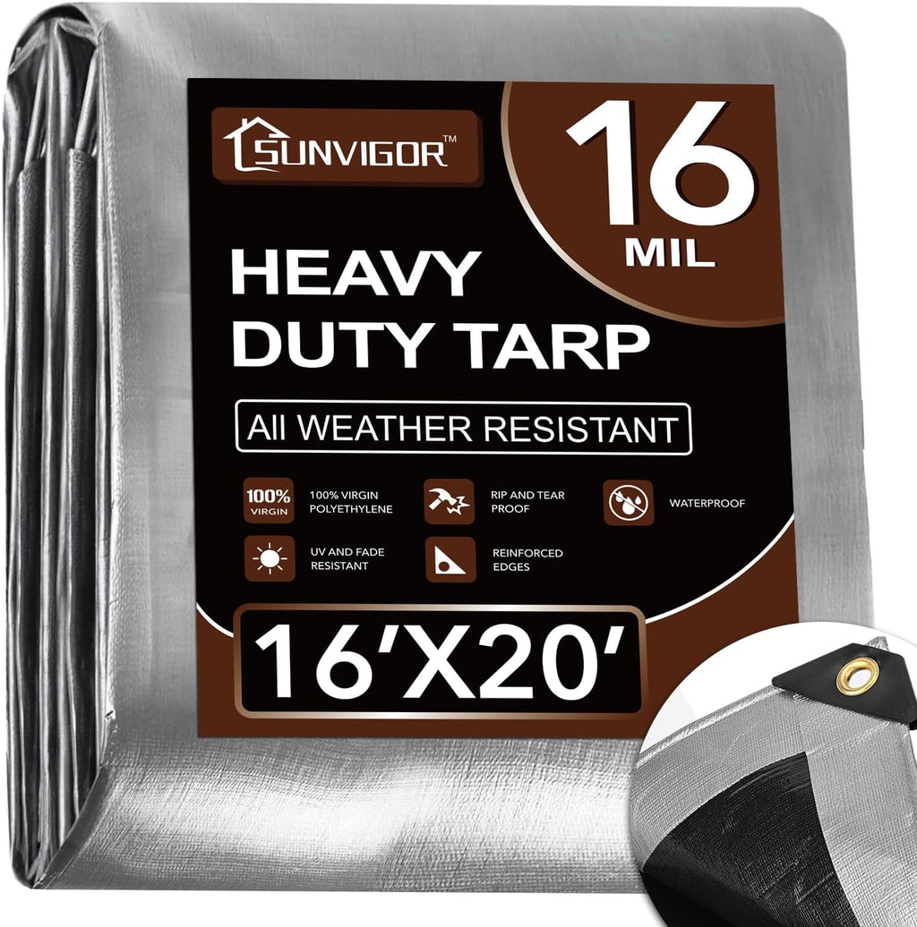 Sunvigor Tarp Waterproof 16x20Ft, Extra Thick 16 Mil Heavy Duty Tarp Cover, Tear & Fade Resistant, Outdoor Tarps with Brass Grommets and Reinforced Edges for Roof, Camping, Patio, Boat (Silver/Black)