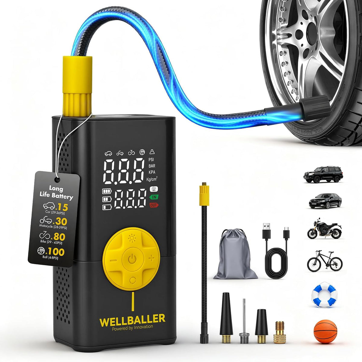 Tire Inflator Portable Air Compressor,Long Battery Life Bike air Pump with Digital Pressure Gauge & LED Light,150PSI Cordless Air Pump for Bike Tires,Fast Inflation for Car,Motorcycle,Bicycle,Ball