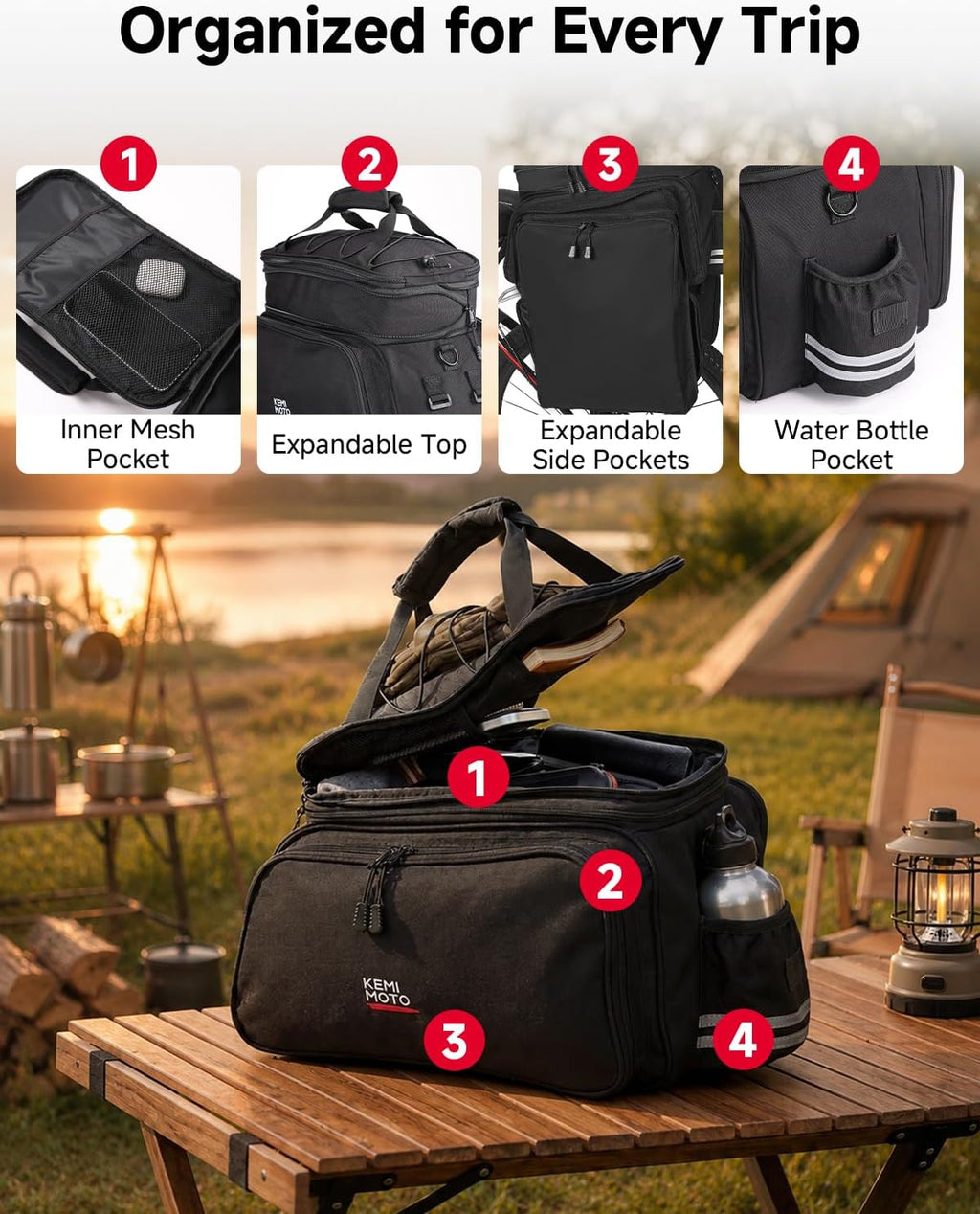 KEMIMOTO Bike Rack Bag, Expandable 40L Bicycle Rear Rack Trunk Pannier Bag