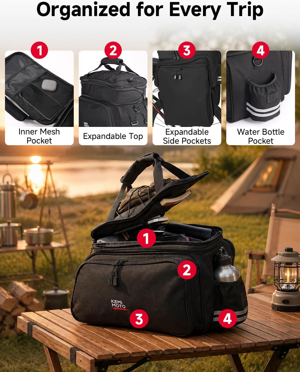 KEMIMOTO Bike Rack Bag, Expandable 40L Bicycle Rear Rack Trunk Pannier Bag