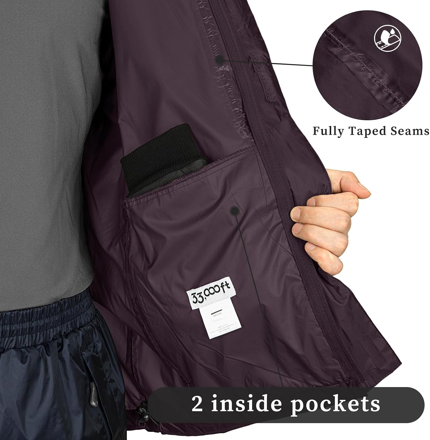 33,000ft Men's Packable Rain Jacket Lightweight Waterproof Golf Raincoat