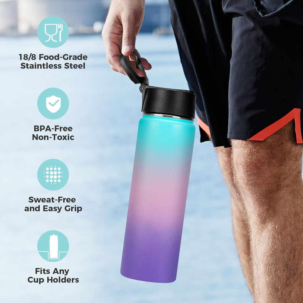 Neihepal 22 oz Insulated Water Bottles Bulk, Double Walled Vacuum Stainless Steel Water Bottle Multipack with Leak Proof Straw Lid for Men, Adults, Kids, Gym, Sports (Gradient Color,4 Pack)