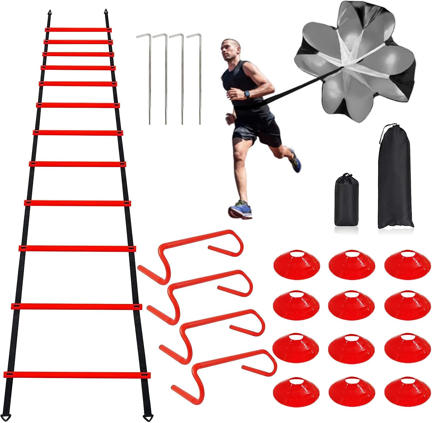YEXEXINM Professional Agility Ladder Speed Training Equipment Set-20ft Agility Ladder,12 Soccer Cones, 4 Agility Hurdles, Running Parachute, Suitable for Soccer Football Basketball Training