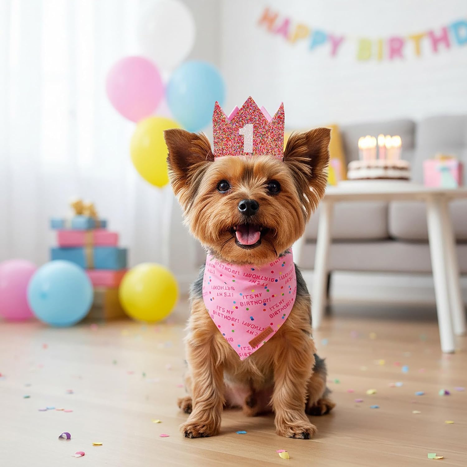 ADOGGYGO Girl Dog Birthday Hat, It's My Birthday Bandana Set, Pink, Small