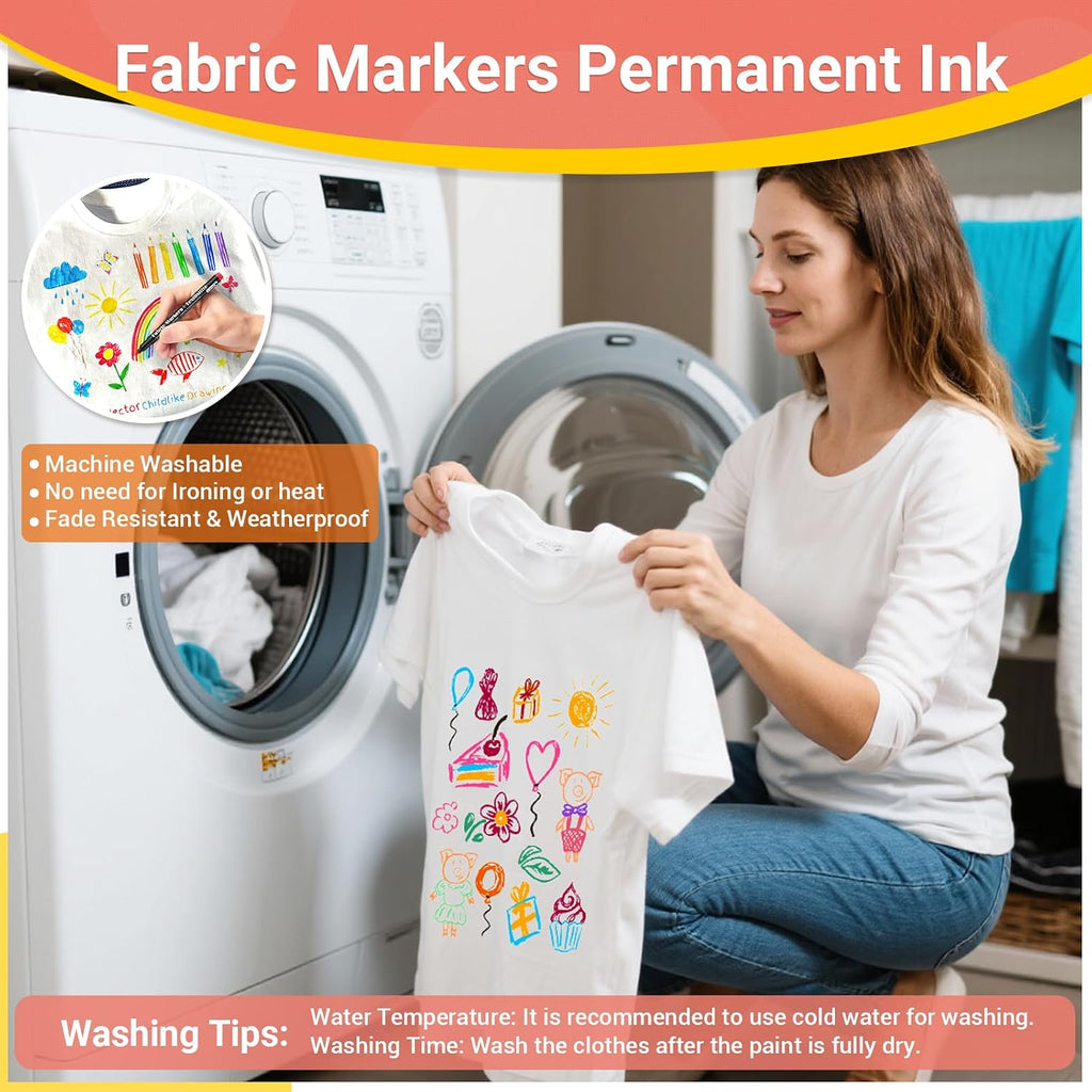 JR.WHITE Fabric Markers Permanent for Clothes Sneaker Shoes T Shirt Onesies Bibs Bodysuit Pillow Canvas Tote Bags Teen Adults Fabric Decorating, Fine Point Pen Fabric Paint Pens Set of 48 Colors