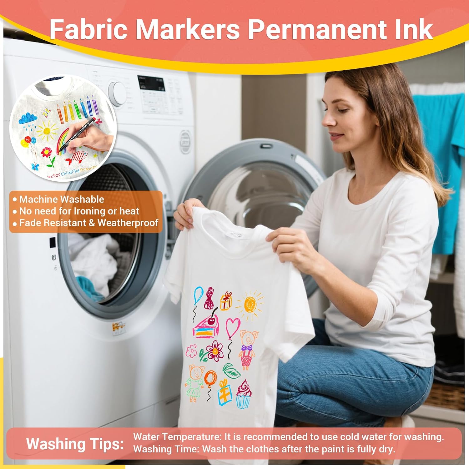 JR.WHITE Fabric Markers Permanent for Clothes Sneaker Shoes T Shirt Onesies Bibs Bodysuit Pillow Canvas Tote Bags Teen Adults Fabric Decorating, Fine Point Pen Fabric Paint Pens Set of 48 Colors