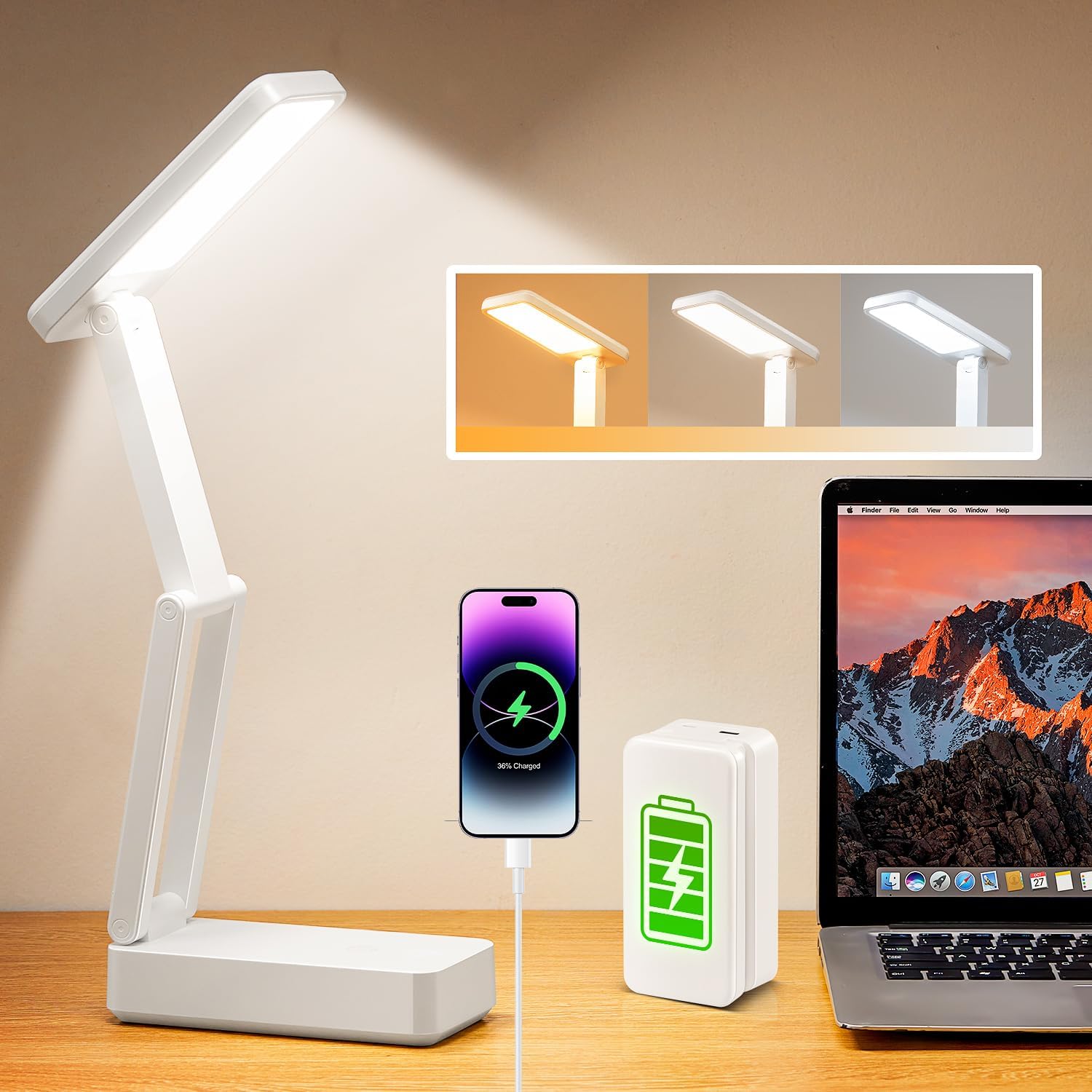 One Fire Small Desk Lamp,10000mAh Battery Operated Lamp,3 Colors+Dimmable Desk Light,LED Desk Lamp with Digital Clock+45min-Timer,Wireless & Portable Light,Desk Lamps for Home Office,Craft