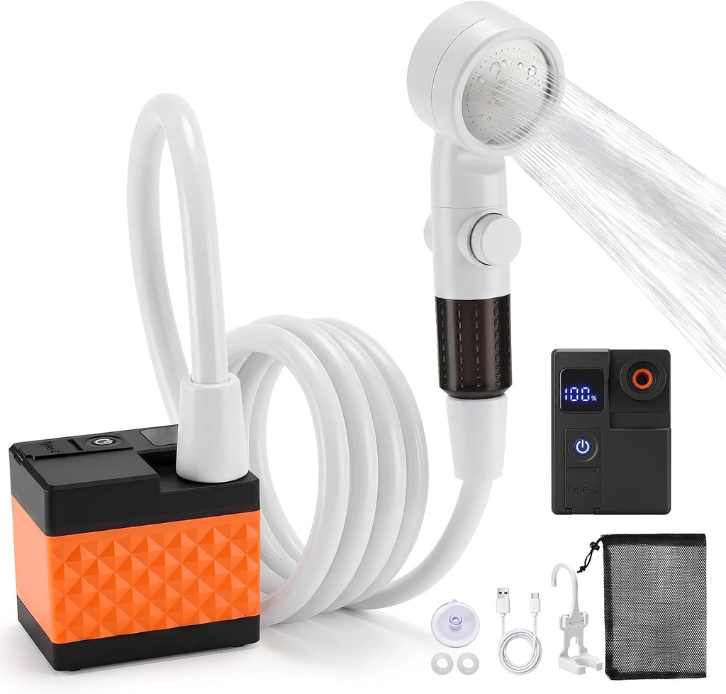 Portable camping shower, 6000mAh rechargeable shower, high-pressure shower, with intelligent LED display, four spray modes, IPX7 waterproof outdoor camping pump, suitable for hiking, cars, pets