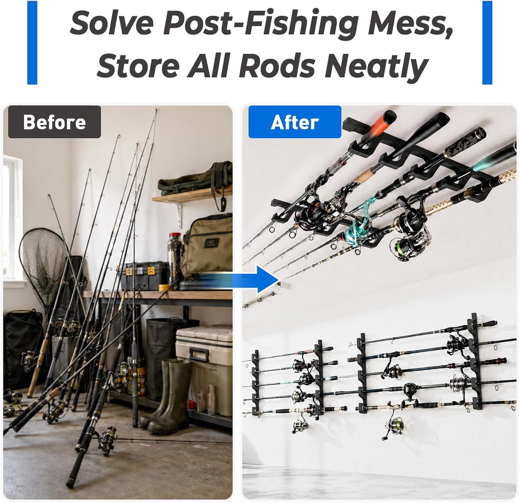 PLUSINNO H5W Solid Wood Fishing Rod Holder, Horizontal Wall & Ceiling Mount Fishing Pole Holders for Garage Storage, Holds 10Rods, Combos and Fishing Nets（Black, 2packs）