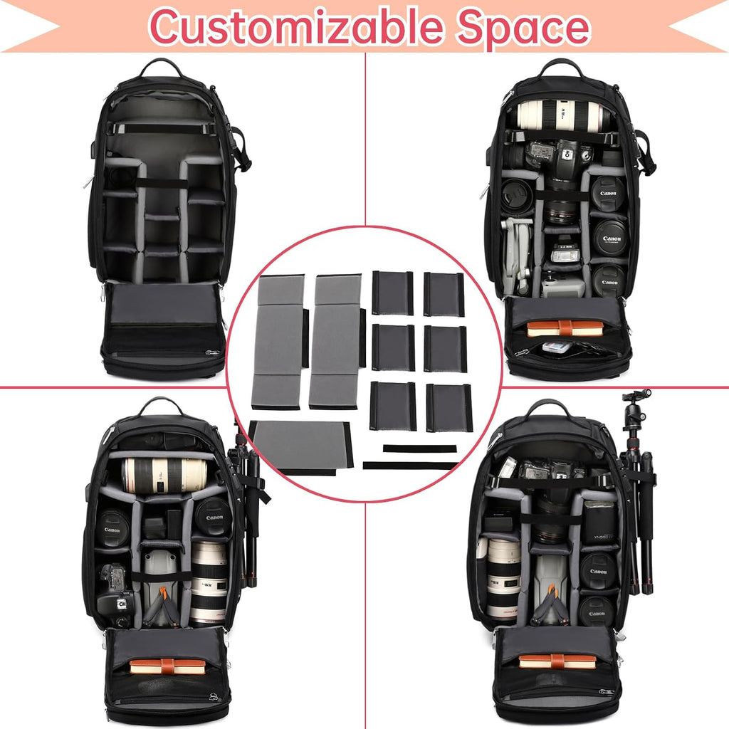 Camera Backpack Large, Waterproof Camera Bag for Mirrorless and DSLR with TSA Lock,Quick Access,17-Inch Laptop Compartment, Adjustable Straps - Fits Camera Stabilizer,Drone, Black