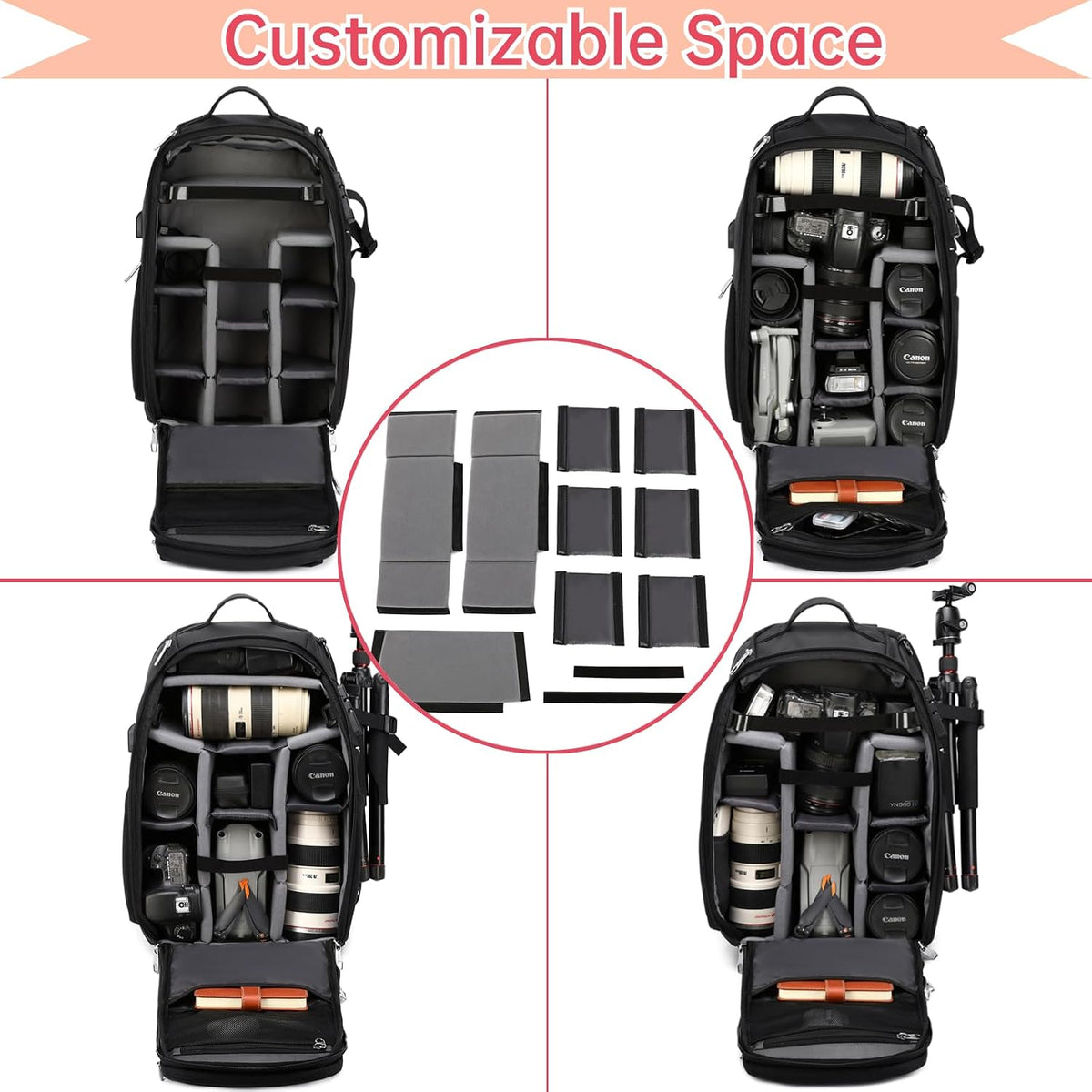 Camera Backpack Large, Waterproof Camera Bag for Mirrorless and DSLR with TSA Lock,Quick Access,17-Inch Laptop Compartment, Adjustable Straps - Fits Camera Stabilizer,Drone, Black