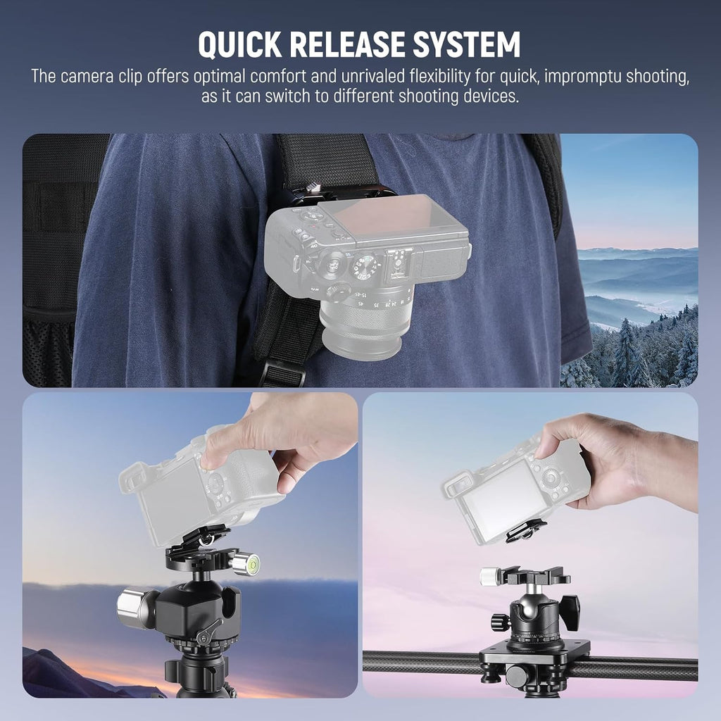 NEEWER Backpack Camera Clip Mount with Square QR Plate, Upgraded Safety Latch, Quick Release Camera Belt Clip Backpack Strap Compatible with PD QR System Canon Nikon Sony DSLRs, GP67