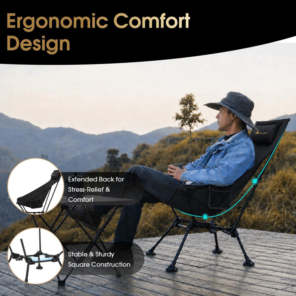 MOON LENCE High Back Folding Camping Chairs, Height-Adjustable, Widened Seat, for Beach with Anti-Sinking Feet (Black)