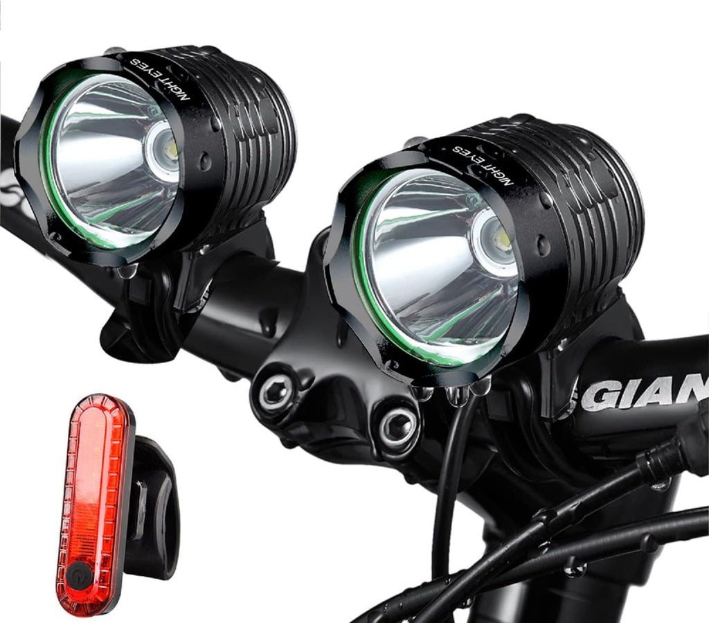 Night Eyes-2400 Lumens(1200LMx2) Mountain Bike Headlight Bike Light -Rechargeable 8.4V ABS Waterproof Battey Pack-Free USB BikeTaillight Bonus -NO Tool Required