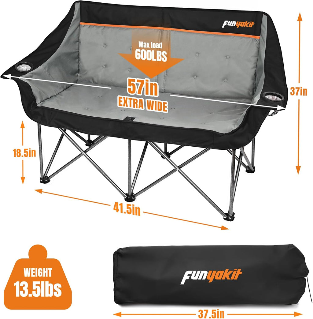 2 Person Camping Chair Heavy Duty 650LBS Padded Loveseat for Pets