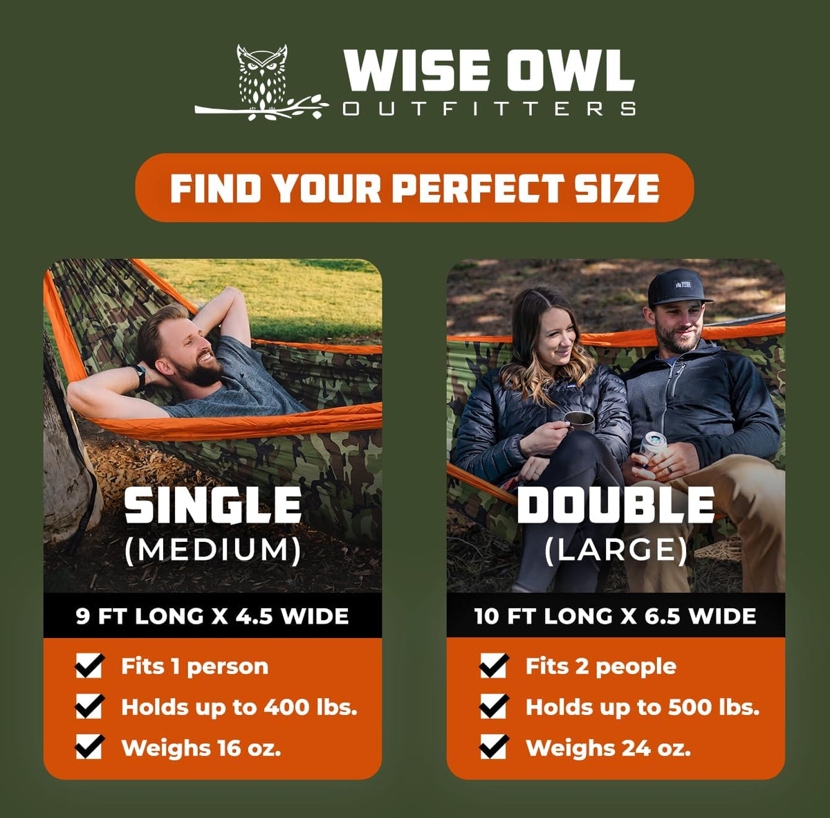 Wise Owl Outfitters Camping Hammock – 400lbs Portable Hammock with Tree Straps - Travel, Backpacking, Hiking, Outdoors Camping Gear - Single