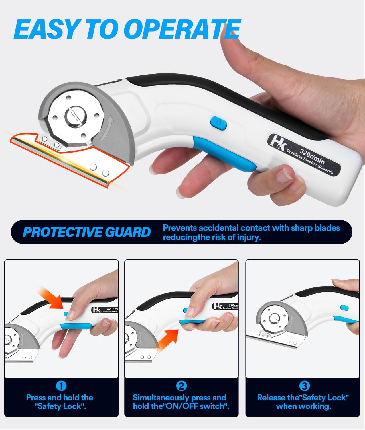 HK Cordless Electric Scissors, 4V Electric Box Cutter, Carpet & Cardboard Cutter with a Replacement Blade/Charger, Rotary Cutter for Cardboard Packages Leather Plastic (White)