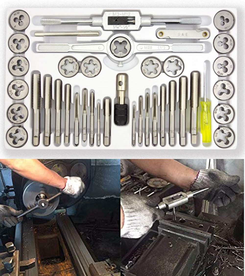 Tap and Die Set 40 PCS Alloy Steels Cutting External and Internal Threads SAE Inch Size for Create New Threads or Repair Damaged Threads