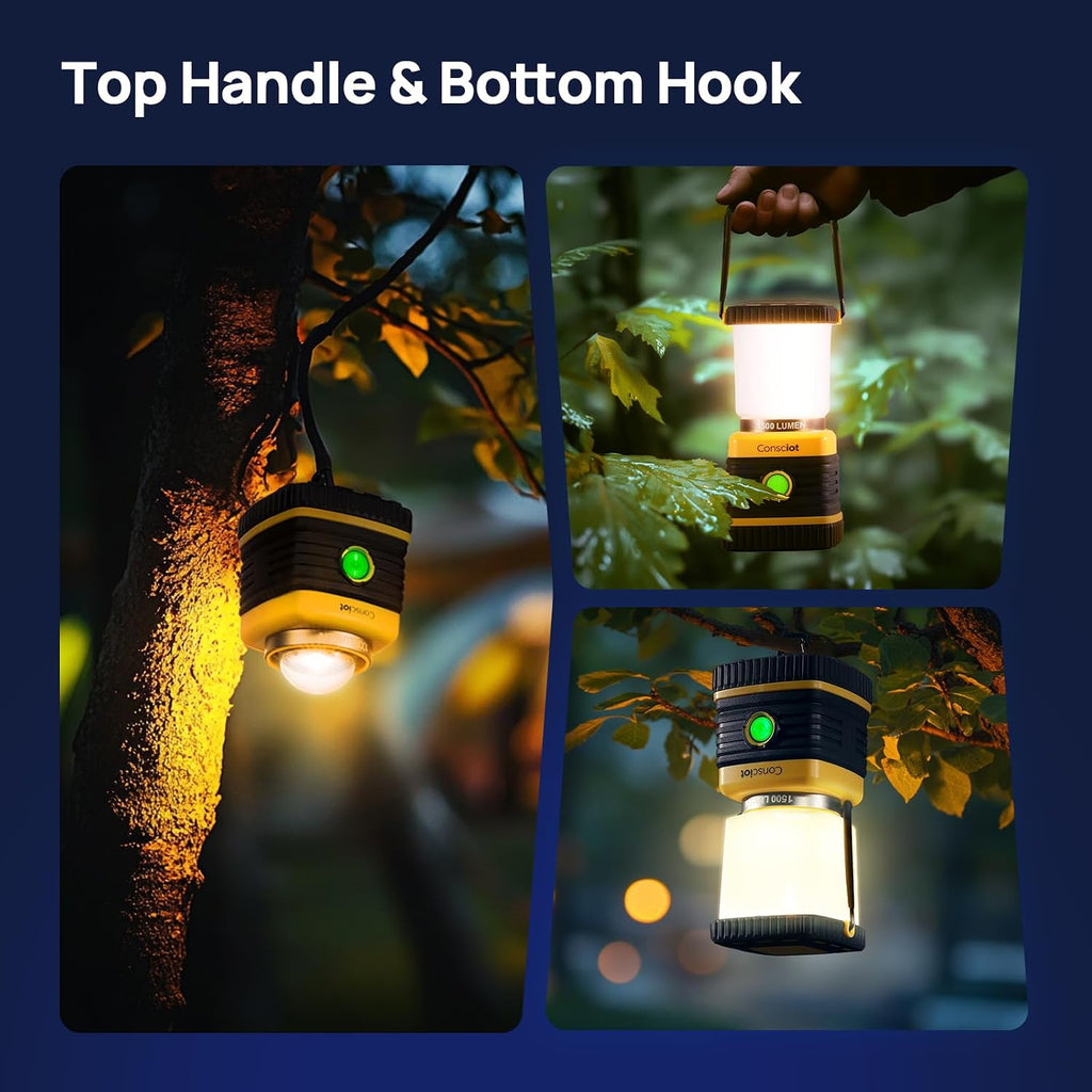 LED Camping Lantern, Consciot C02 USB-C Rechargeable Camping Lights, 1500LM, 5 Light Modes, Up to 100H Run Time, IPX4 Waterproof, Dimmable Tent Lights for Power Outages