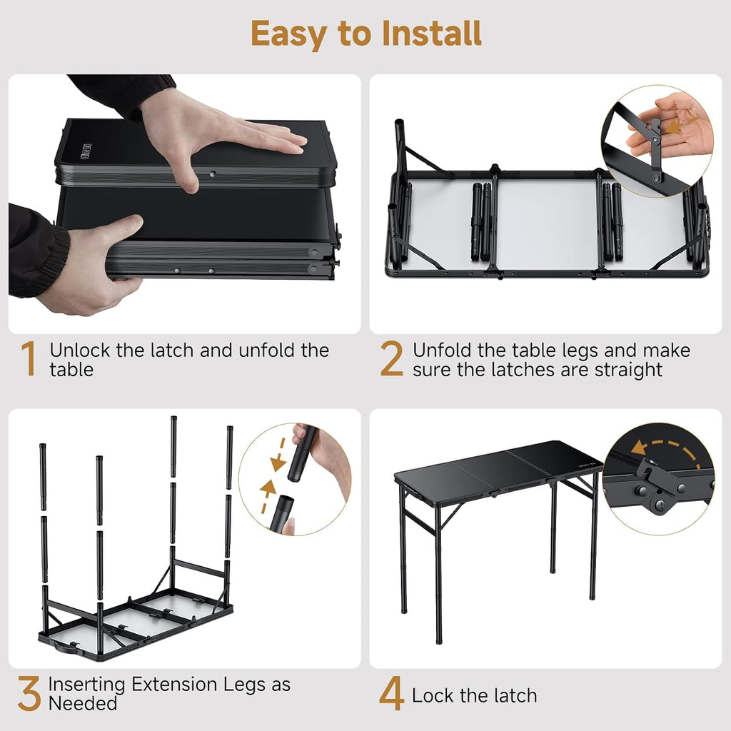 Folding Camping Table, 34.2"x15.7" 3 Adjustable Height Max 27.5"