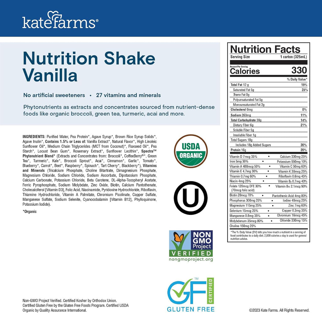 KATE FARMS Organic Nutrition Shake, Vanilla, 16g Protein, 6 Pack