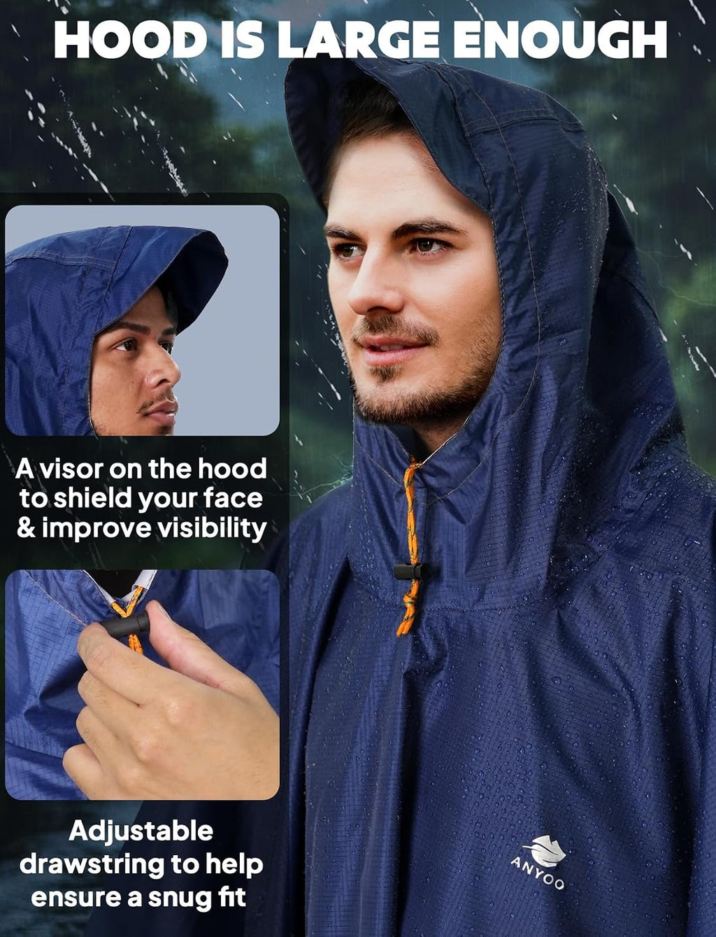 ANYOO Hooded Rain Poncho for Adult Waterproof Lightweight Raincoat
