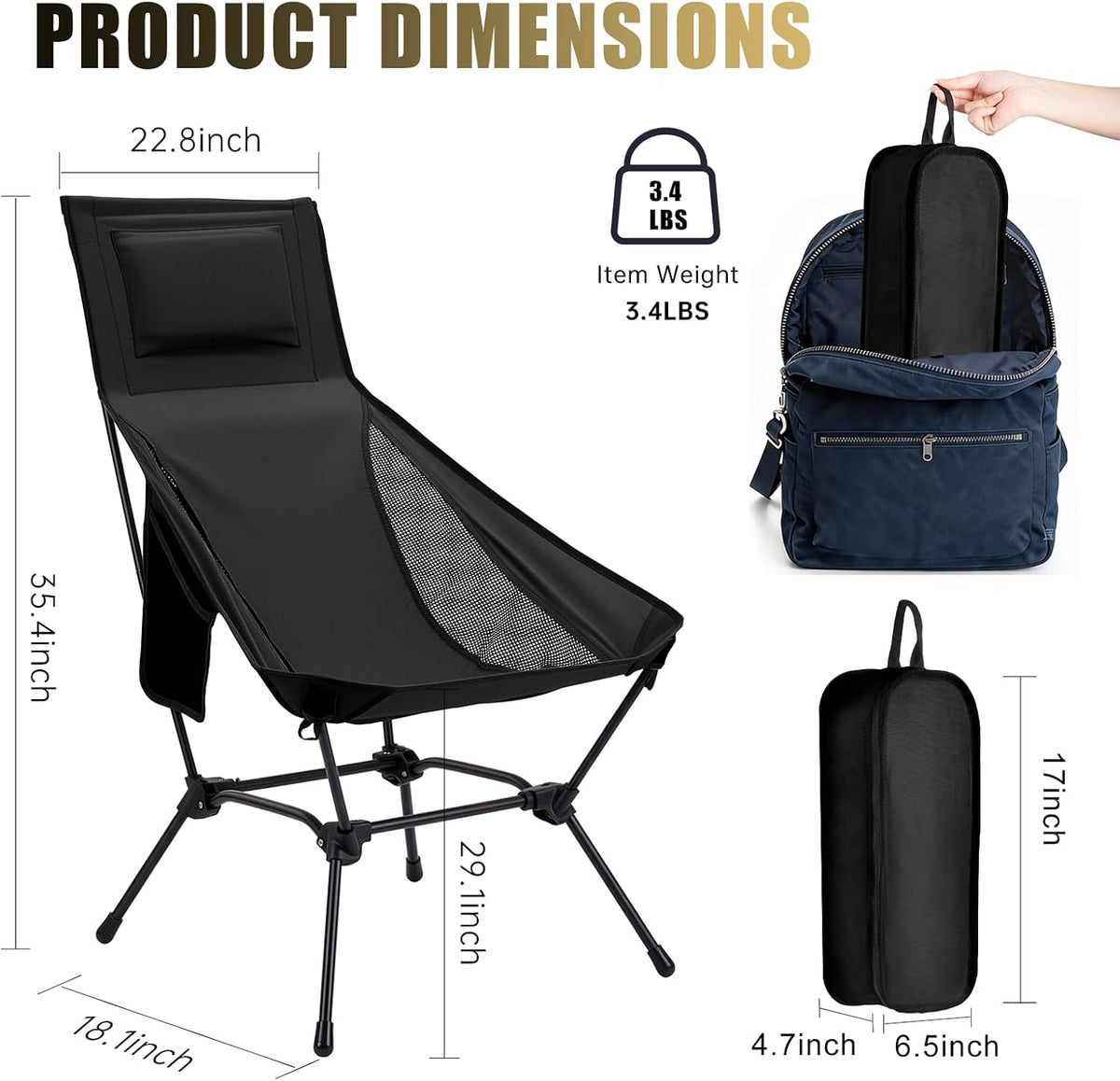 2 Pack High Back Camping Chair, 2-in-1 Height Adjustable, Heavy Duty
