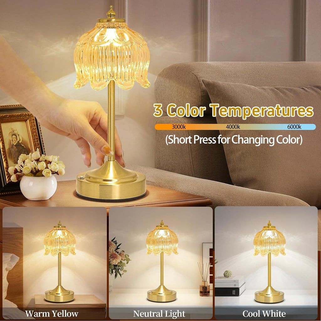 Cordless Table Lamp, Rechargeable Amber Glass Lotus Flower Lamp