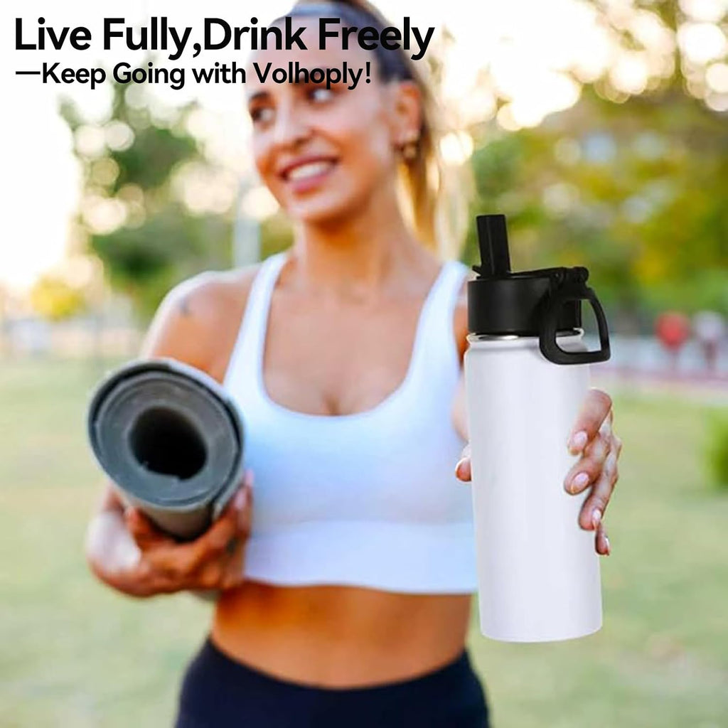Volhoply 16 OZ Kids Water Bottle Bulk 2 Pack,Insulated Sports Bottles with Straw Lid,Stainless Steel Bottle with Handle Keep Cold & Hot,Double Wall Vacuum Tumbler Cups for School,Girls(White, 2)