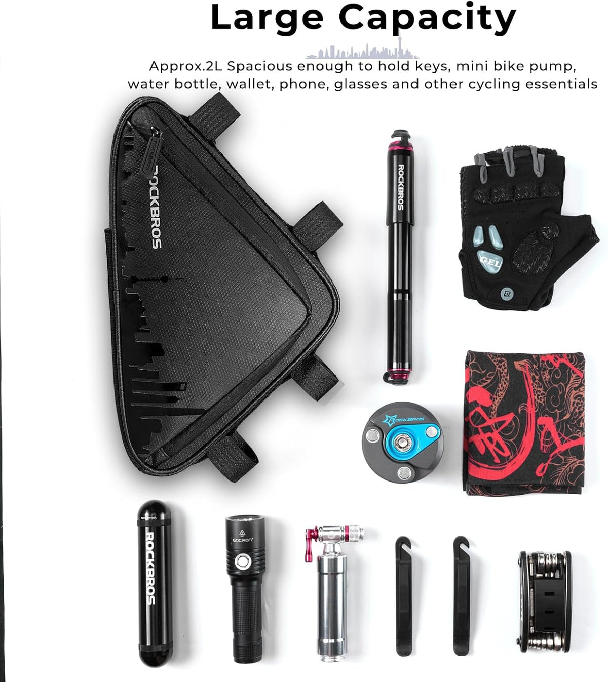 ROCKBROS Bike Triangle Frame Bag Waterproof Top Tube Bag with Keel Support
