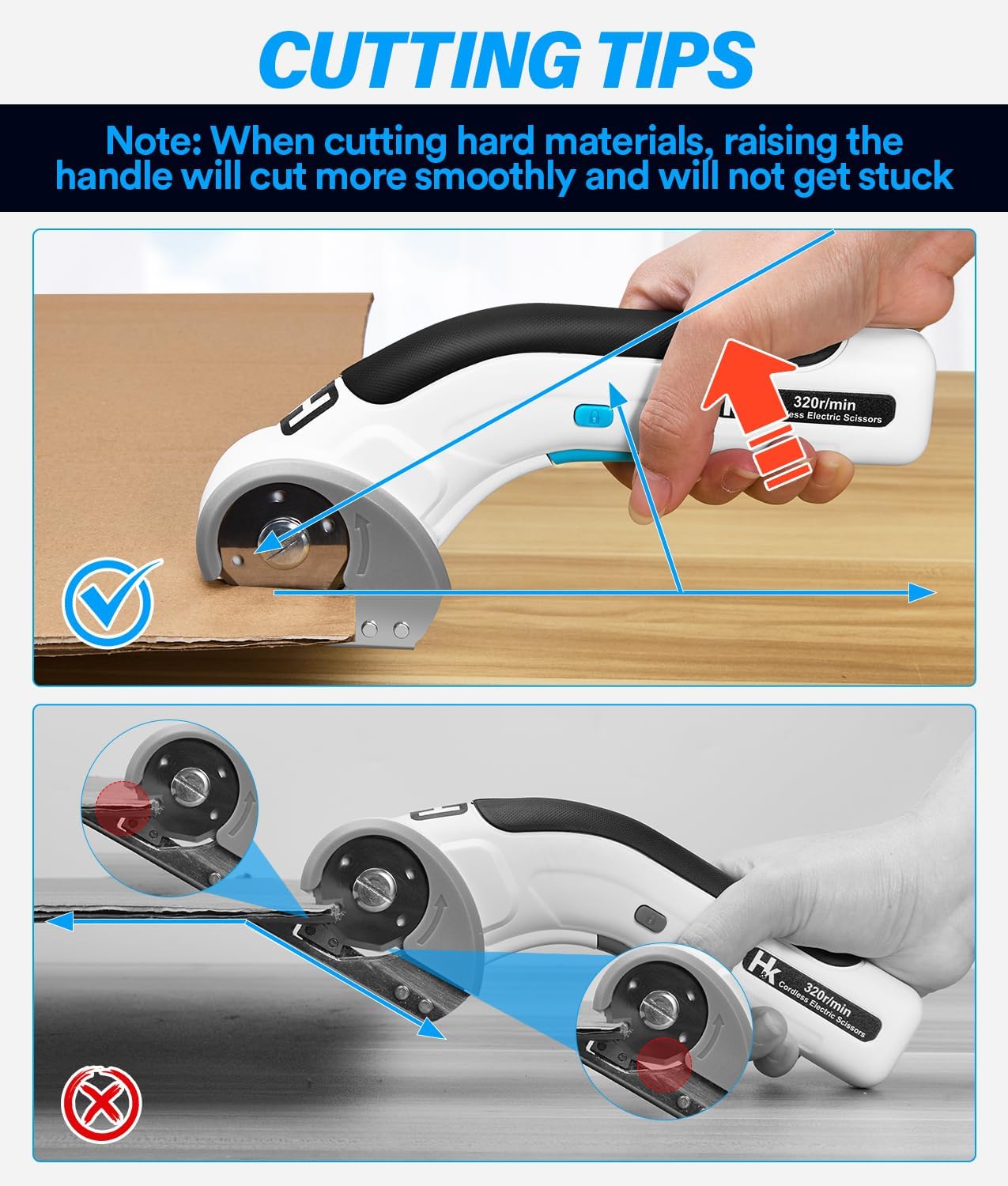 HK Cordless Electric Scissors, 4V Electric Box Cutter, Carpet & Cardboard Cutter with a Replacement Blade/Charger, Rotary Cutter for Cardboard Packages Leather Plastic (White)