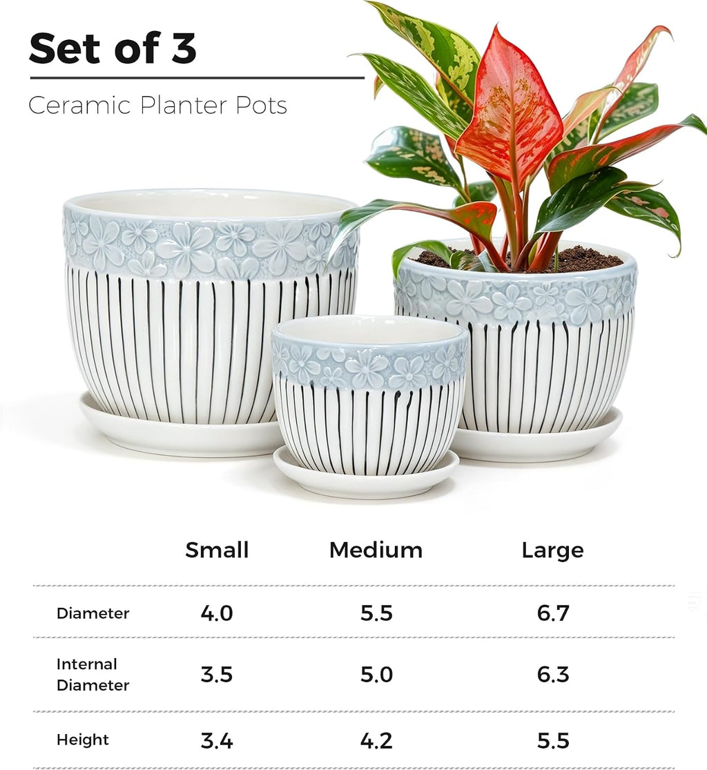 Gray Flower Pots, Texture Ceramic Plant Pots for Indoor Plants Set of 3