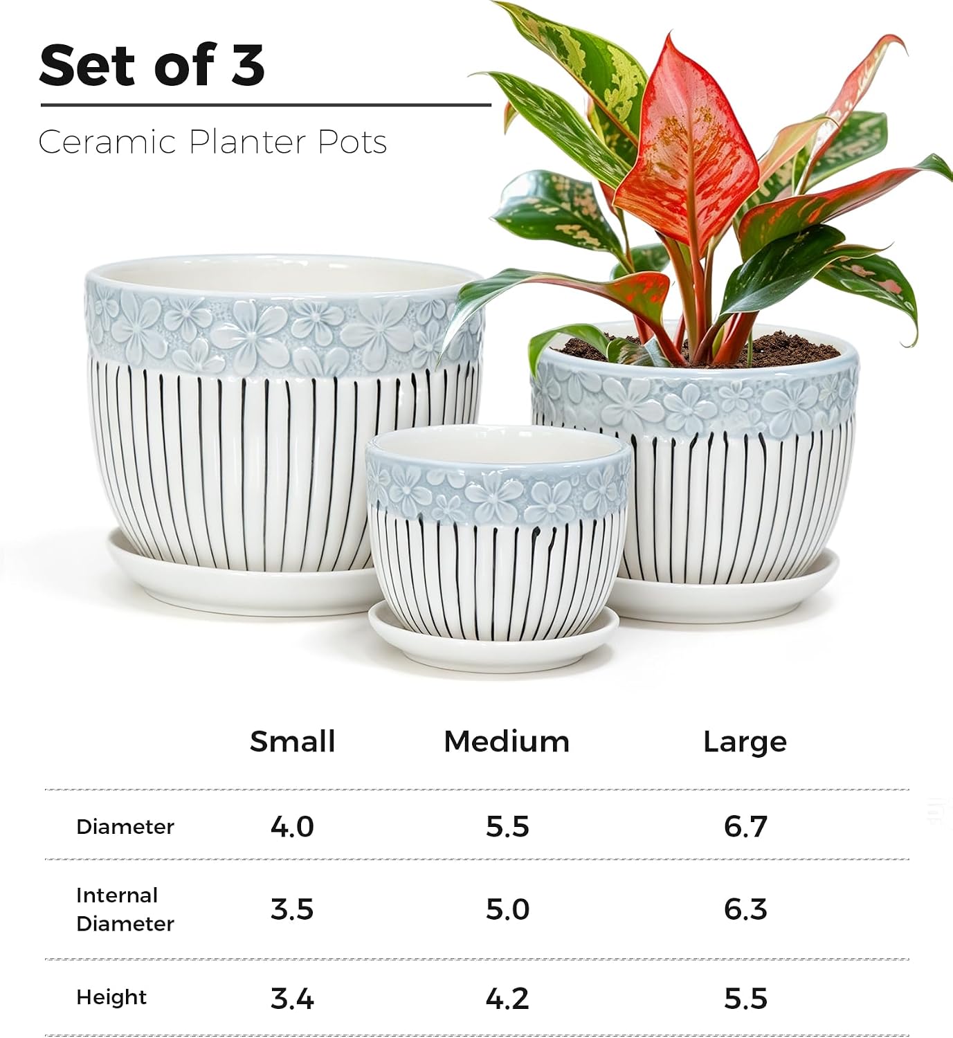 Gray Flower Pots, Texture Ceramic Plant Pots for Indoor Plants Set of 3