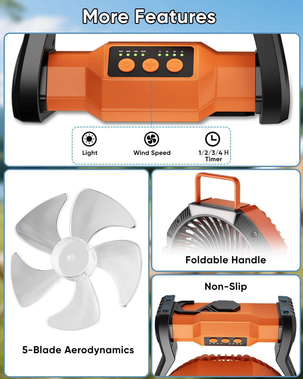 Portable Rechargeable Fan, 20000mAh Battery Powered Camping Fan with LED Light & Hook, 270° Adjustable, 4-Speed, 4H Timer Camping Essentials for Outdoor Tent Travel BBQ Car_Orange