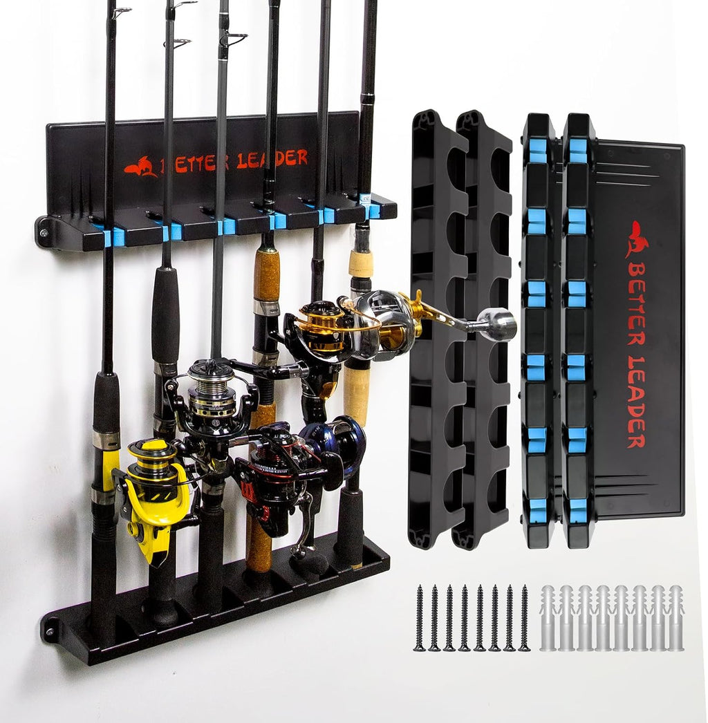 Fishing Rod Holder for Garage, 2-Pack Wall Mount Fishing Pole Rack Holds Up to 12 Rods or Combos, Vertical Rod Storage Organizer with Soft EVA Grip Pads, Fits Most Fishing Rods 3-19mm