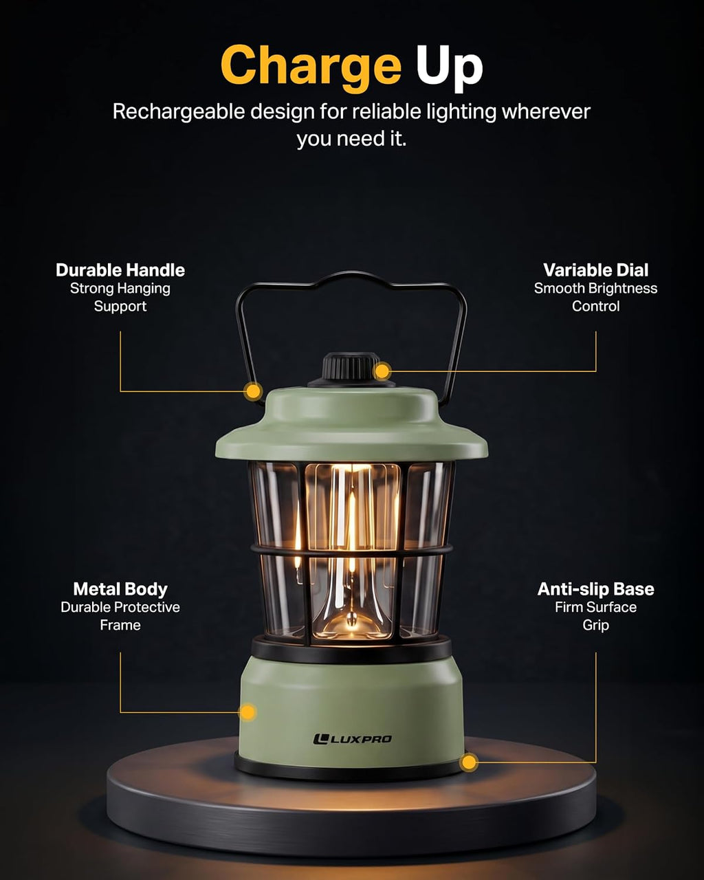 LUXPRO Rechargeable Retro Lantern LED Camping Lantern, Sage Green, 2 Pack