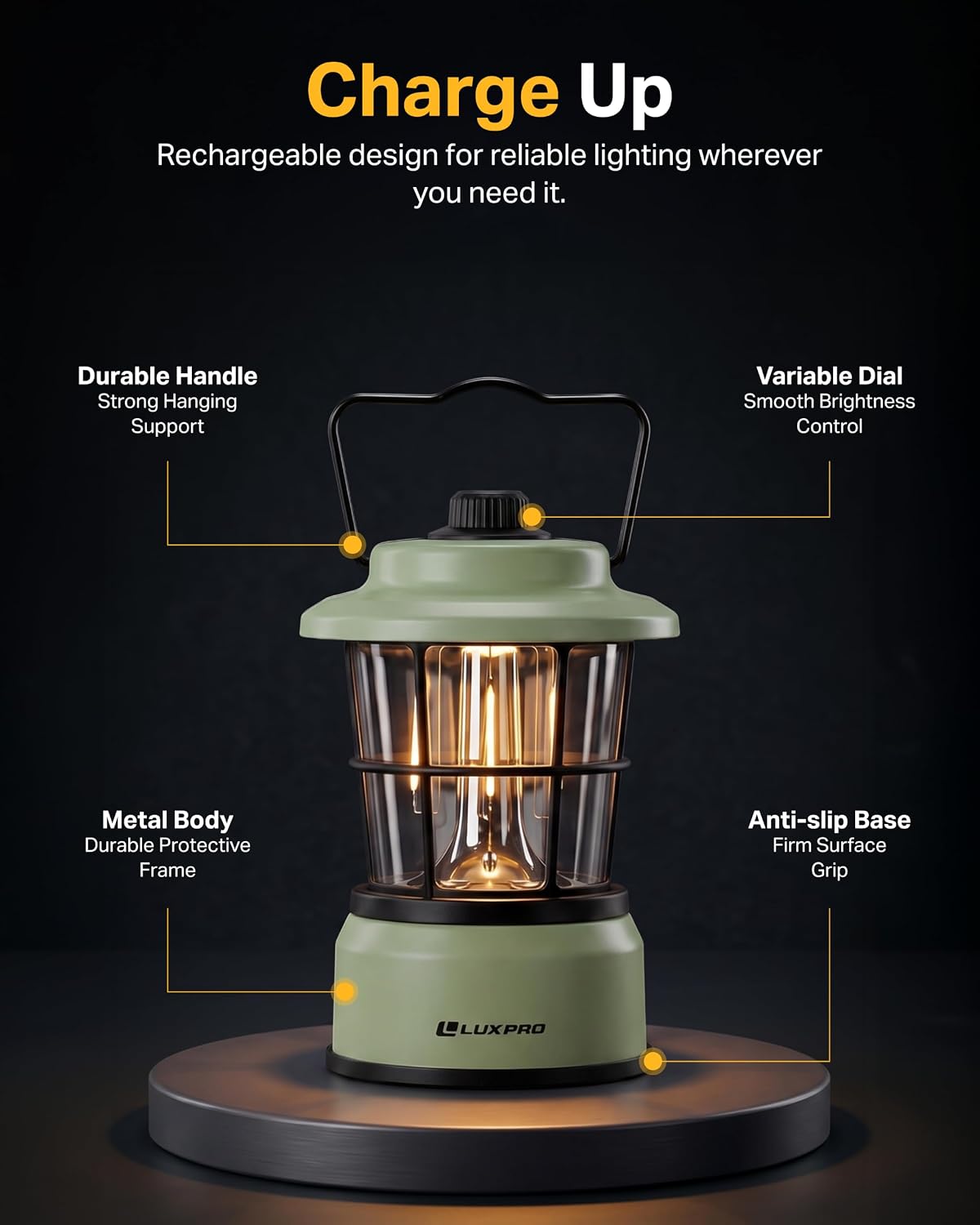 LUXPRO Rechargeable Retro Lantern LED Camping Lantern, Sage Green, 2 Pack