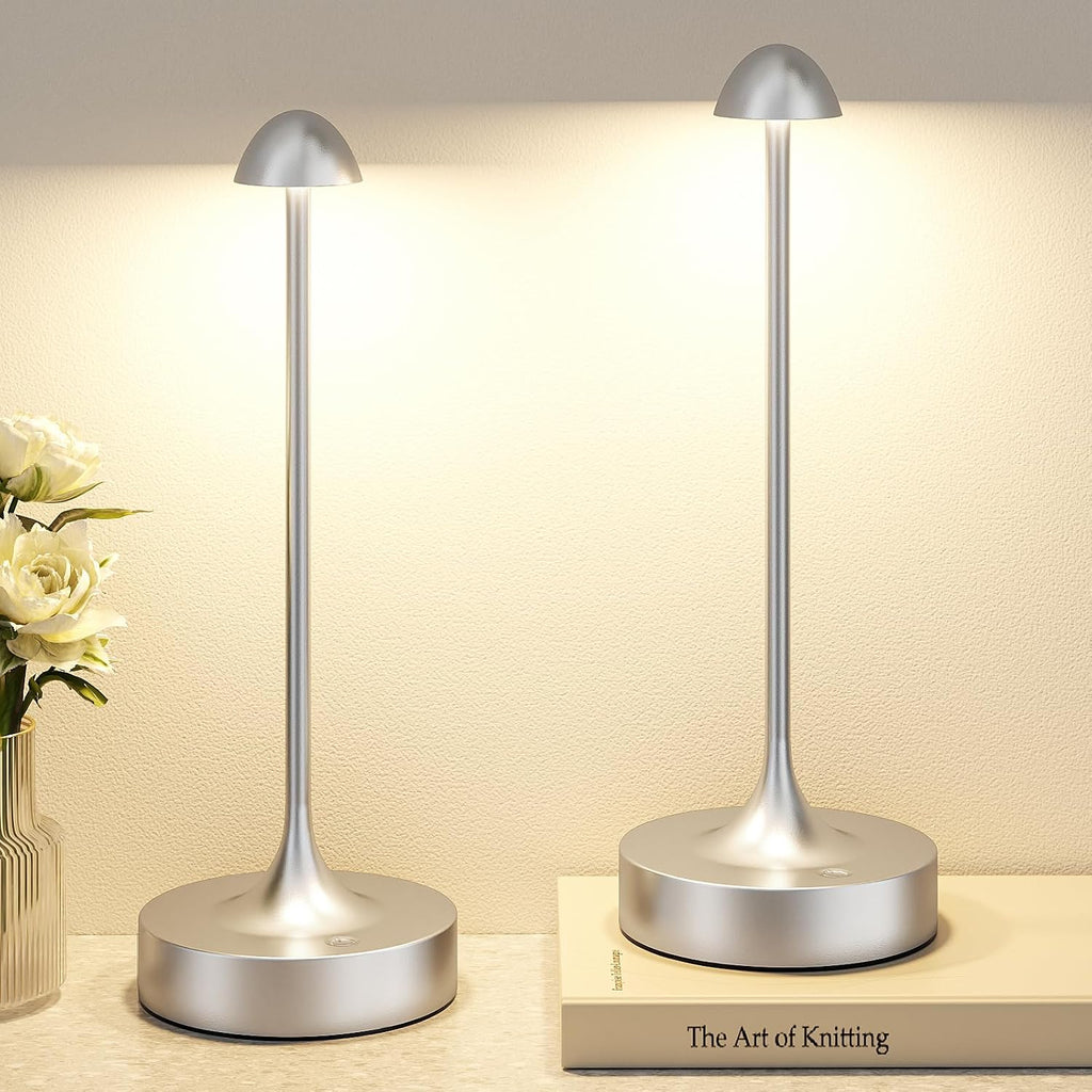Kakanuo Rechargeable Cordless Table Lamp, Battery Operated Lamps, 3-Color Stepless Dimming, Portable Wireless Desk Lamp, LED Lighting for Dining Room, Restaurant, Office, Bar, Home(Silver 2 Pack)