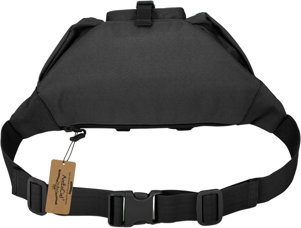 ArcEnCiel Tactical Fanny Pack for Men Women Waist Bag Hip Belt Outdoor Hiking Fishing Bumbag with Patch (Black)