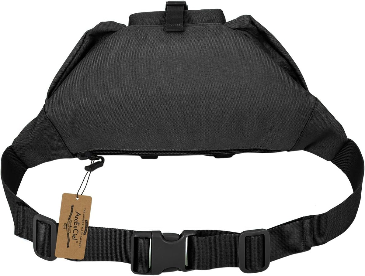 ArcEnCiel Tactical Fanny Pack for Men Women Waist Bag Hip Belt Outdoor Hiking Fishing Bumbag with Patch (Black)