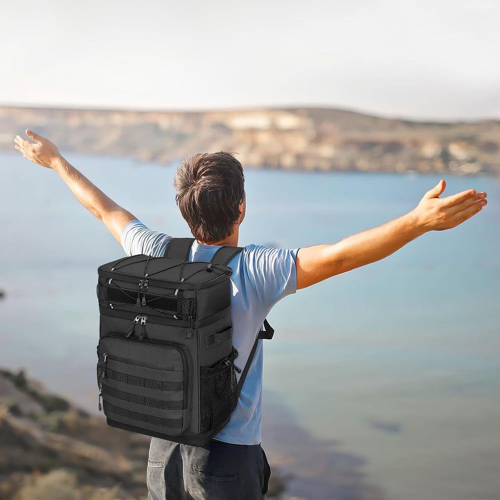 Tactical Backpack Cooler, Soft Insulated Leakproof Cooler Backpack for Men Women, 54 Cans Large Double Deck Lunch Bag for Fishing, Beach, Camping, Travel (Black)