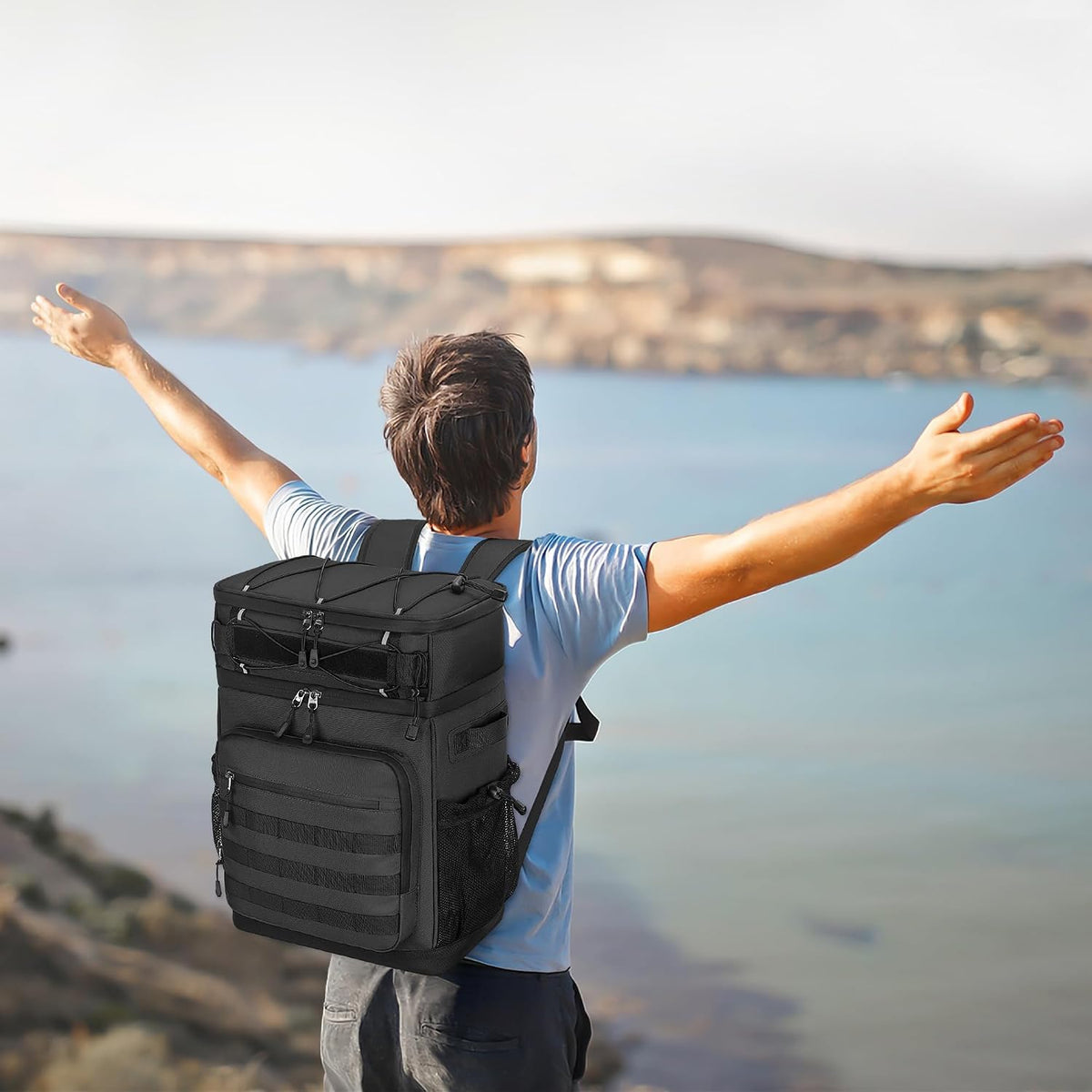 Tactical Backpack Cooler, Soft Insulated Leakproof Cooler Backpack for Men Women, 54 Cans Large Double Deck Lunch Bag for Fishing, Beach, Camping, Travel (Black)