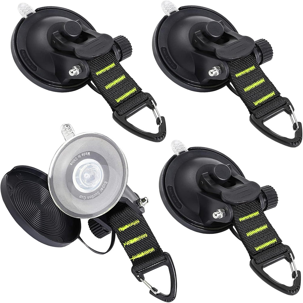 CONBOLA Suction Cup Hooks Heavy Duty 4 Pieces Car Camping Essentials Upgraded Tie Down Suction Cup Camper Accessories with Securing Hook Strong Power for RV Boat Window Glass Camping Trap.(4 pcs)