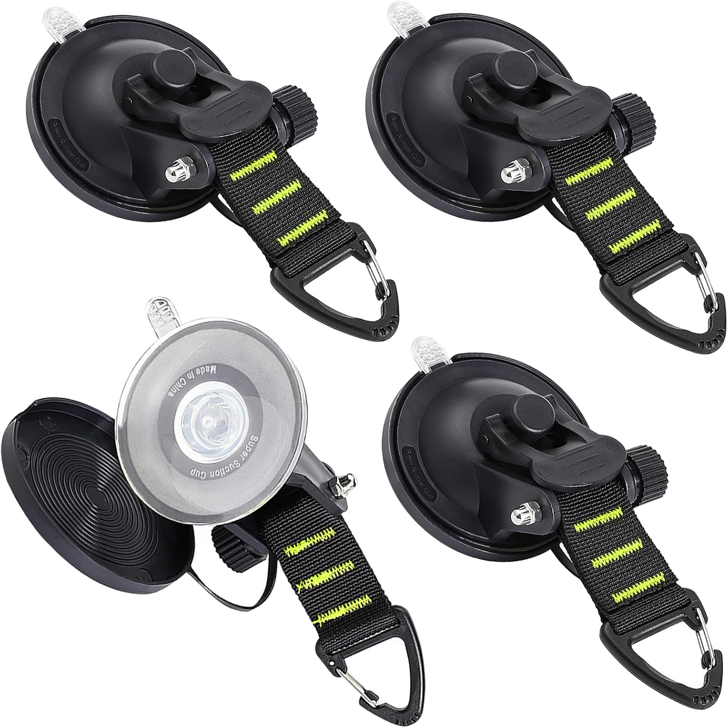 CONBOLA Suction Cup Hooks Heavy Duty 4 Pieces Car Camping Essentials Upgraded Tie Down Suction Cup Camper Accessories with Securing Hook Strong Power for RV Boat Window Glass Camping Trap.(4 pcs)