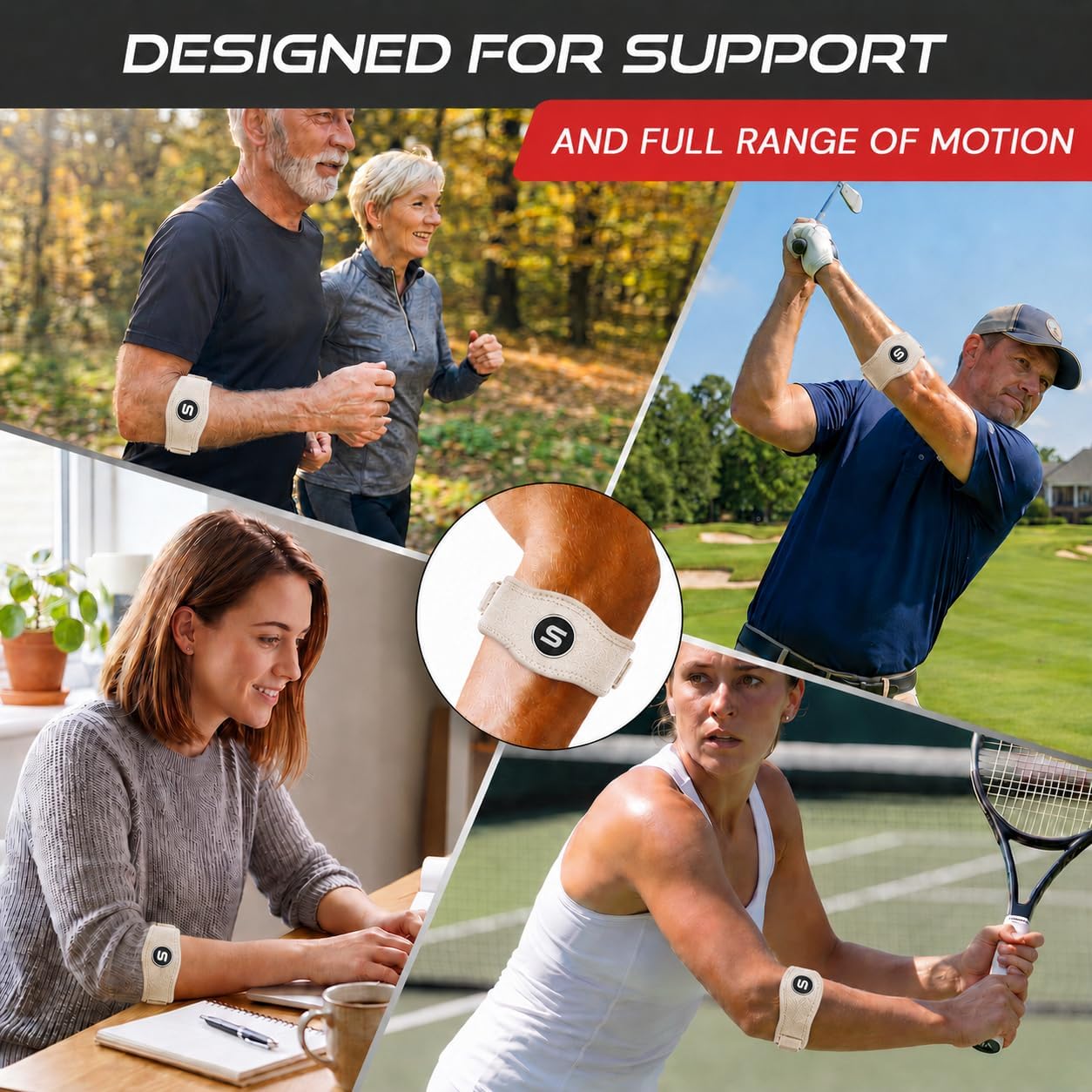 Sleeve Stars Tennis Elbow Brace for Men & Women, Elbow Brace for Tendonitis, Tennis Elbow Strap, Golfers Elbow Brace, Elbow Support Wrap for Tennis Elbow Relief, Fits 9"-23" (Pair/Beige)