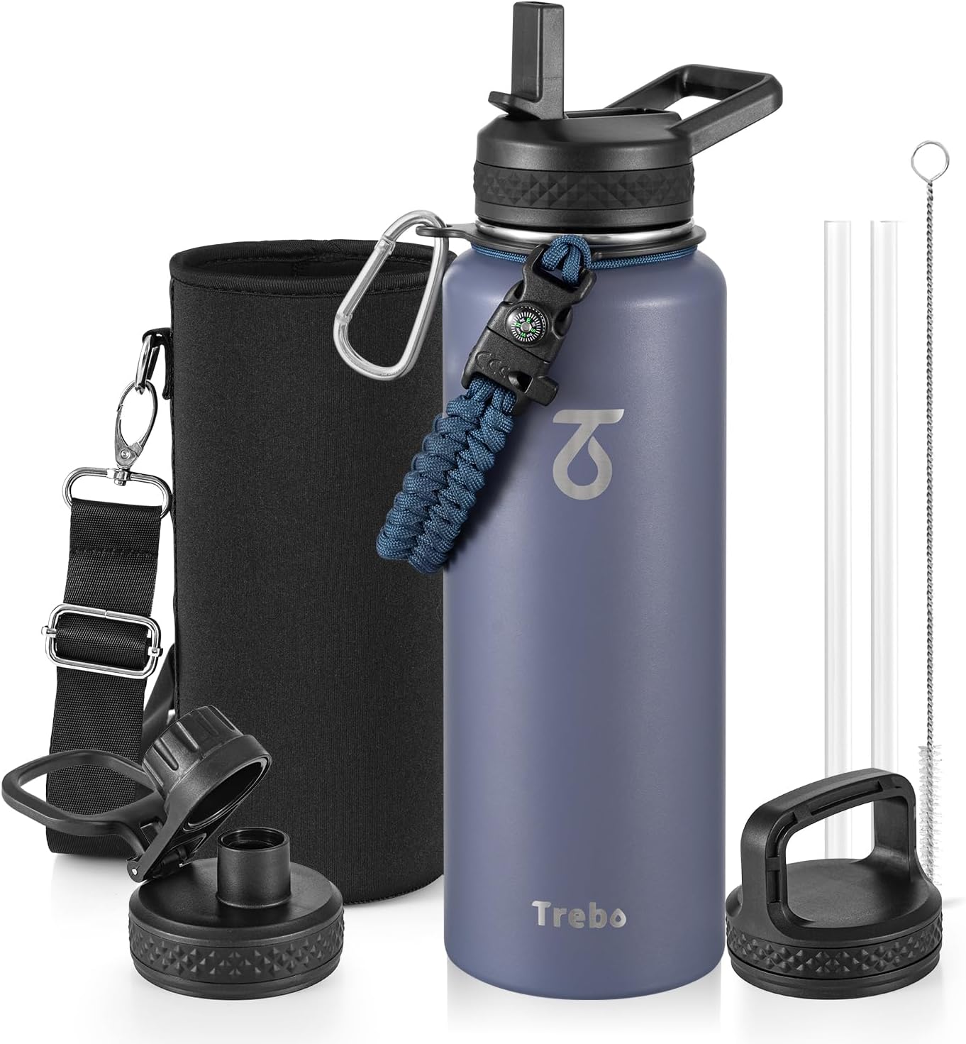 Trebo One Gallon Water Bottle Insulated with 3 Lids, Paracord Handle & Bag