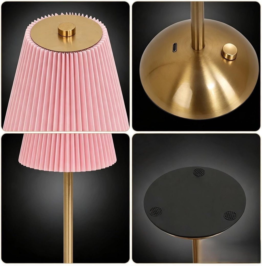 Pink Table Lamps, Battery Operated Cordless Desk Lamp, 3 ColorDimming, Rechargrable LED Lamp,Fabric Lamps, Vintage Aesthetic Lamp for Bedside, Living Room, Home Decor (Gold+Pink)