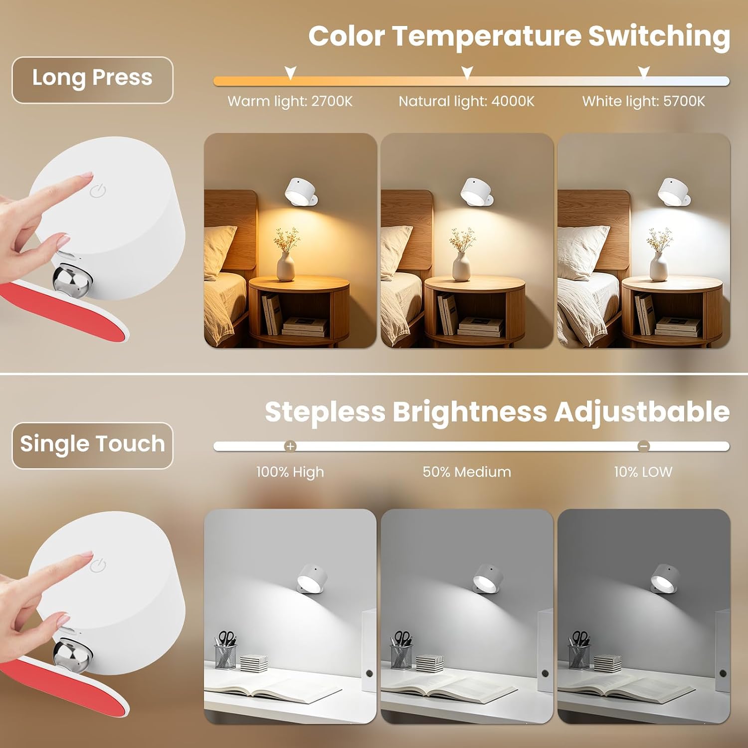 AKSDA 3Pack Battery Operated Wall Sconce, 3 Color Modes 3 Brightness Levels 360°Rotation Lighting Timer Touch & Remote Control, Wall Mounted Lamp LED Wall Lights for Bedroom Reading Bedside (White)